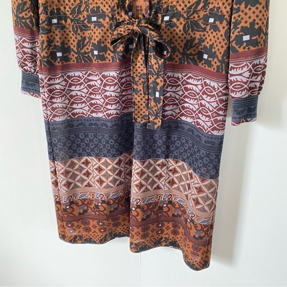 Vintage Geometric Floral Print Dress Brown Black Retro 60s 70s Womens Medium - Picture 3 of 9